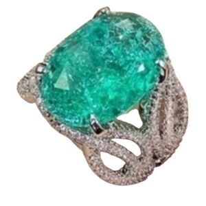 Silver Emerald Zircon Ring with Diamond CZ Accents